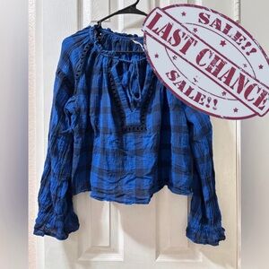 Free People Women’s S Blue Plaid Top
